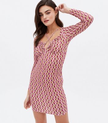 Pink Geometric Cut Out Long Sleeve Mini 