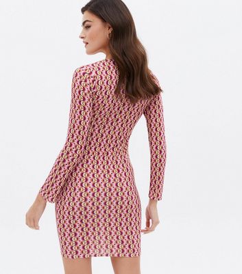 Pink Geometric Cut Out Long Sleeve Mini Dress New Look