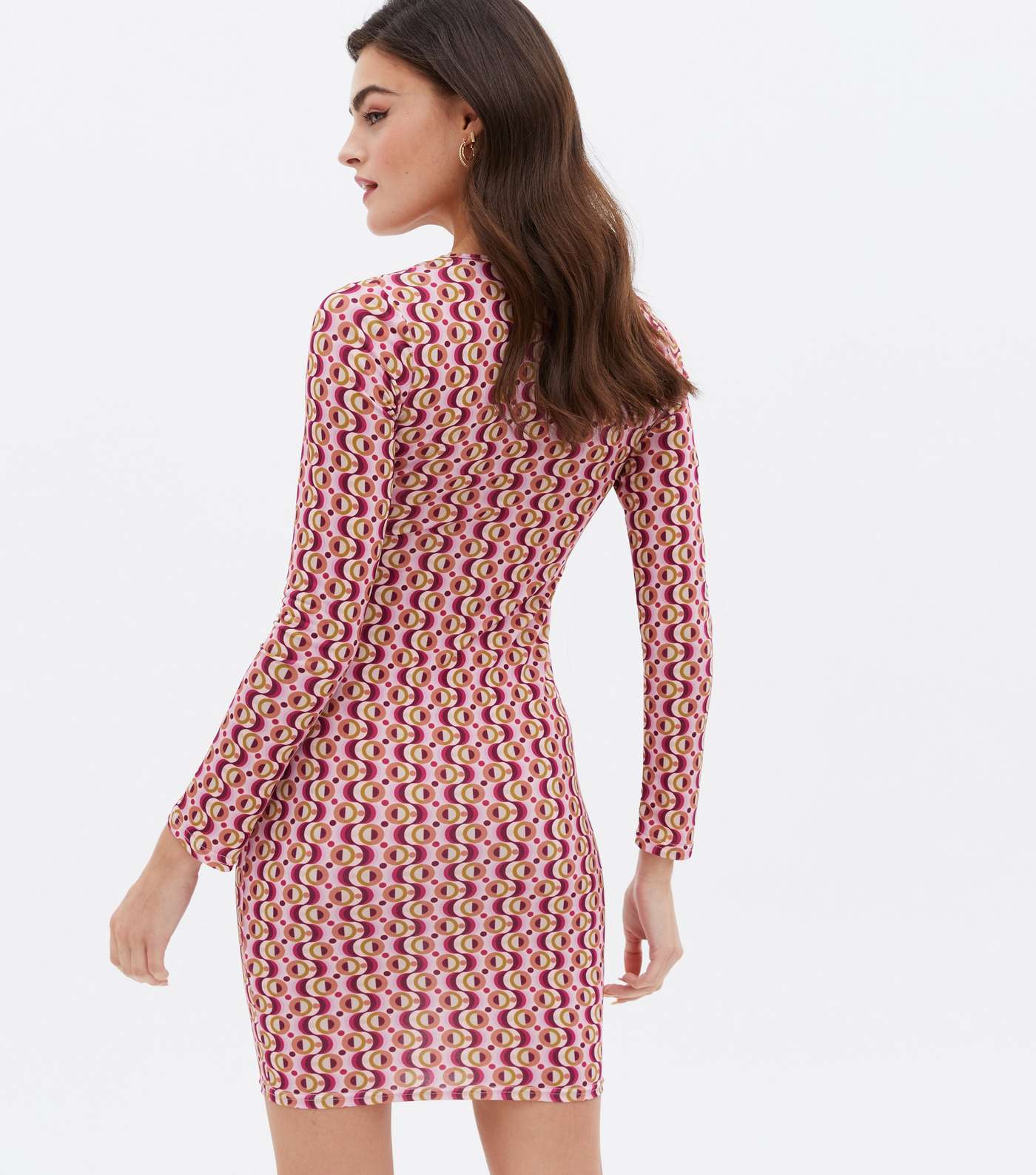 Pink Geometric Cut Out Long Sleeve Mini Dress Image 4