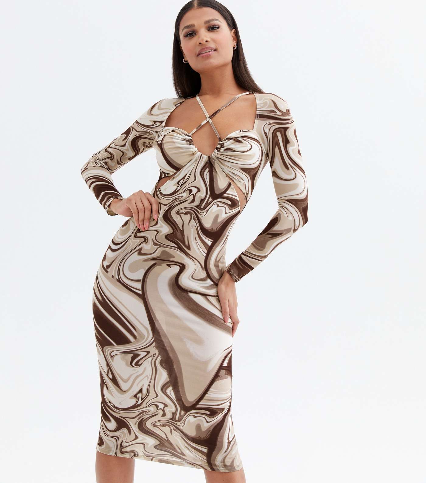 Brown Doodle Print Strappy Cut Out Midi Bodycon Dress