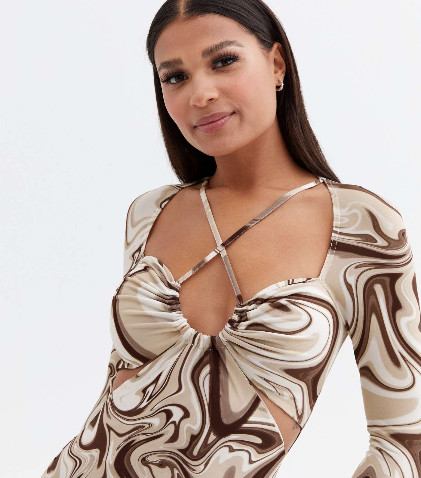 Brown Doodle Print Strappy Cut Out Midi Bodycon Dress Image 3