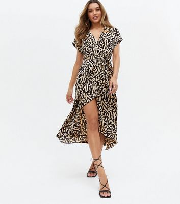 Black Leopard Satin Ruffle Midi Wrap Dress New Look