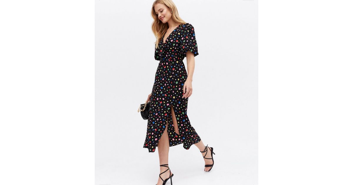 Black Spot Tie Front Split Hem Midi Dress | New Look