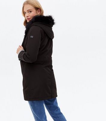 black waterproof coat with fur hood