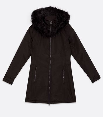 black waterproof coat with fur hood