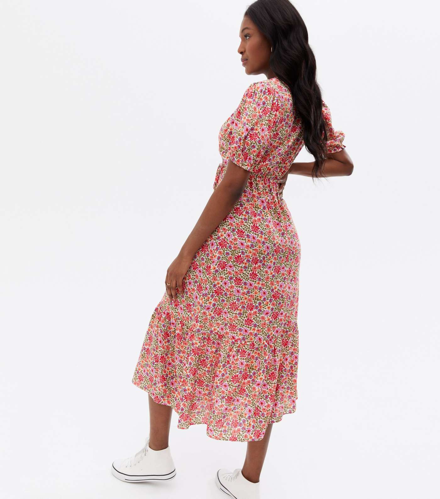 Pink Ditsy Floral Tiered Midi Wrap Dress Image 4