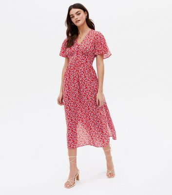 Click to view product details and reviews for Red Ditsy Floral Button Front Flutter Sleeve Midi Dress New Look.