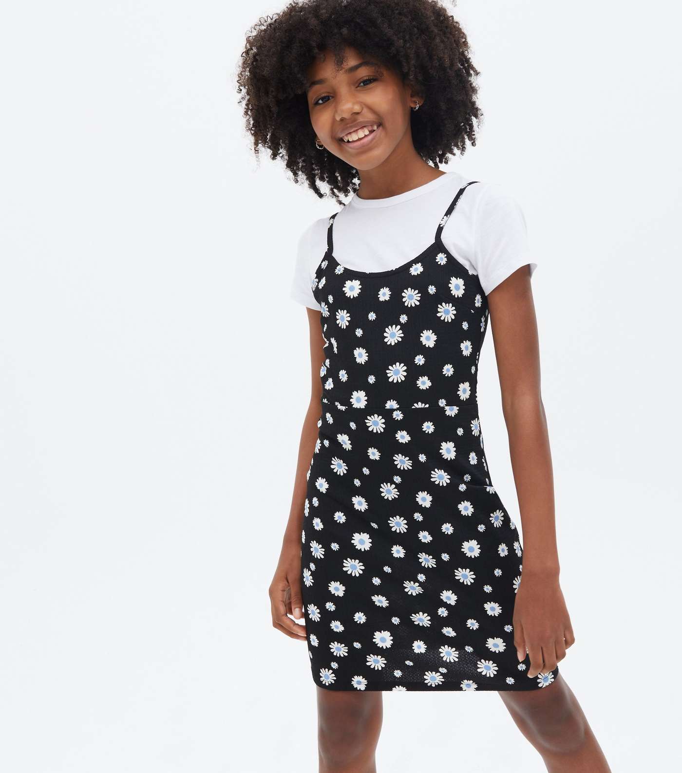 Girls Black Daisy 2-in-1 Mini Pinafore Dress