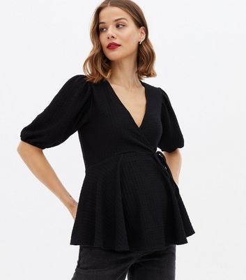 Maternity Black Textured Wrap Peplum Top New Look