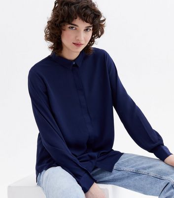 Click to view product details and reviews for Navy Long Collared Button Up Shirt New Look.
