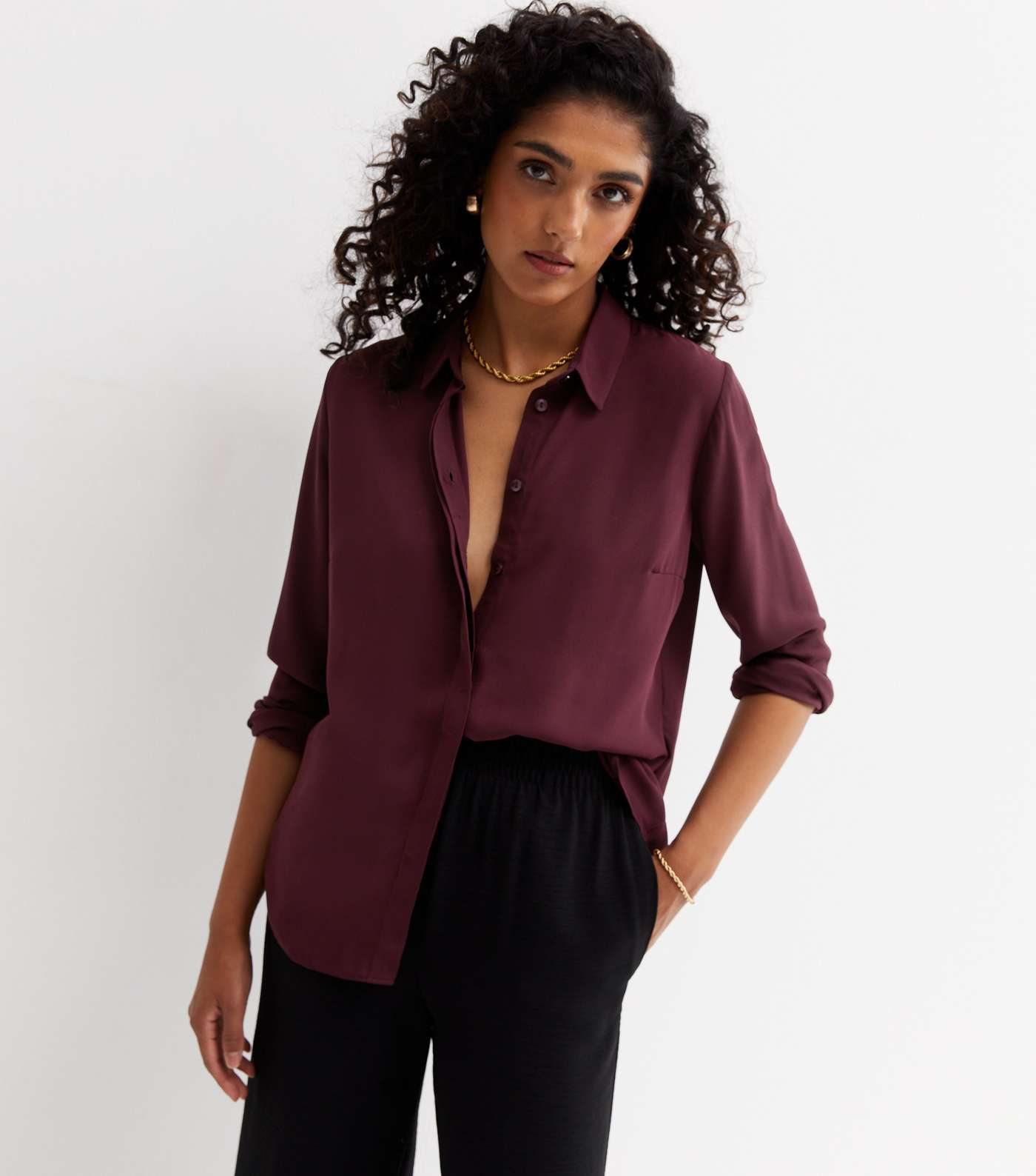 Burgundy Long Collared Button Up Shirt Image 2