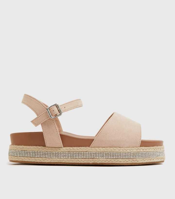 Wide Fit Pale Pink Diamanté Chunky Espadrille Sandals