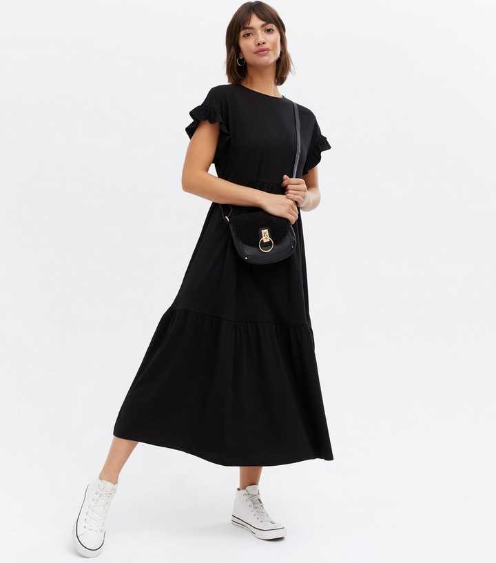 Black Frill Sleeve Tiered Midi Smock Dress