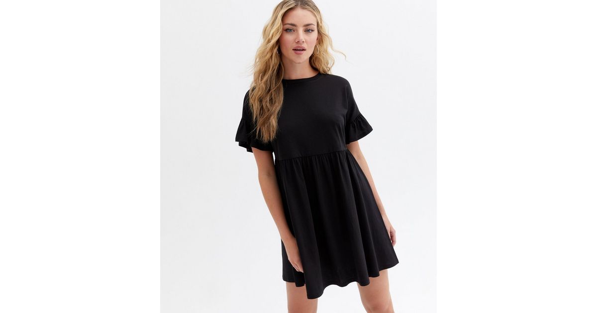 Black Jersey Frill Mini Smock Dress | New Look