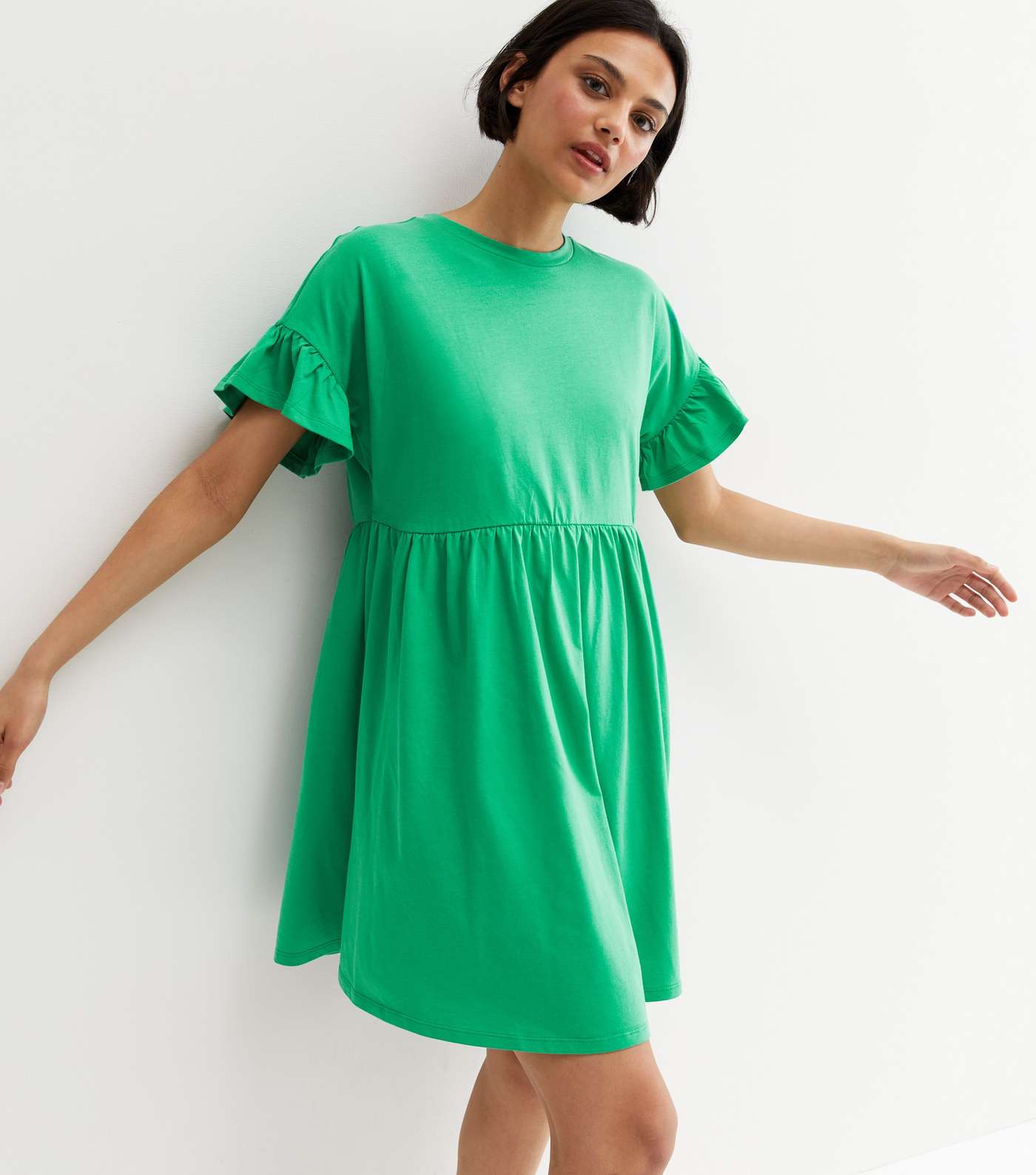 Green Jersey Frill Mini Smock Dress