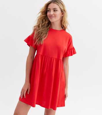 Red Jersey Frill Mini Smock Dress