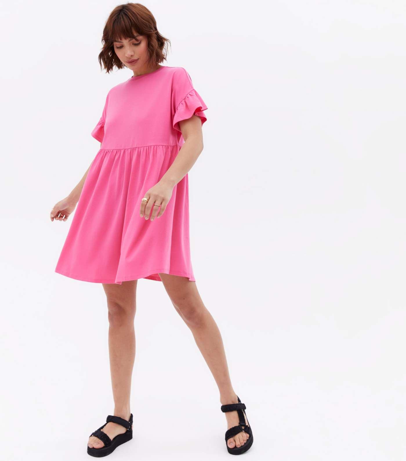 Bright Pink Jersey Frill Mini Smock Dress Image 2