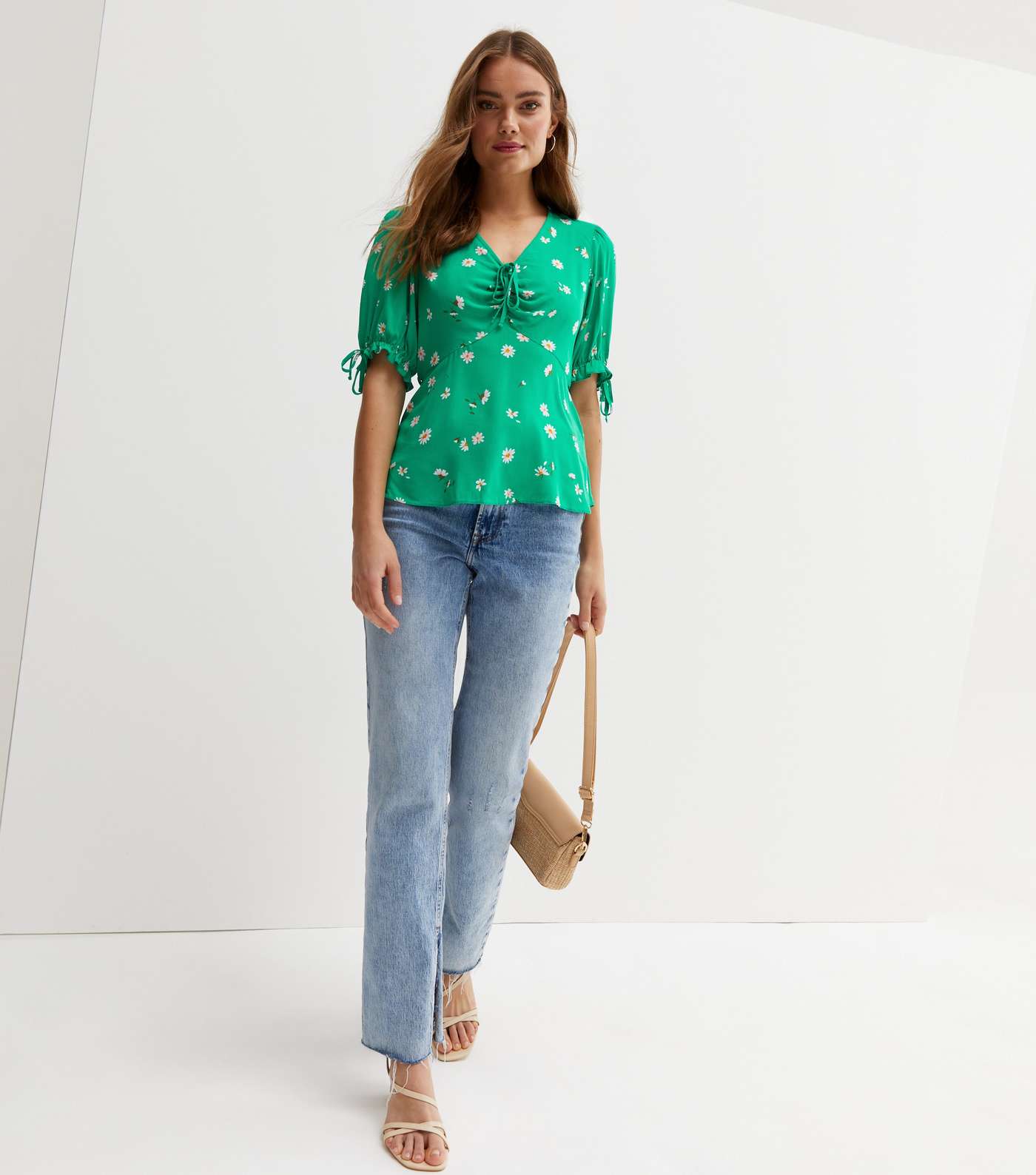 Green Daisy V Neck Tie Front Blouse Image 3