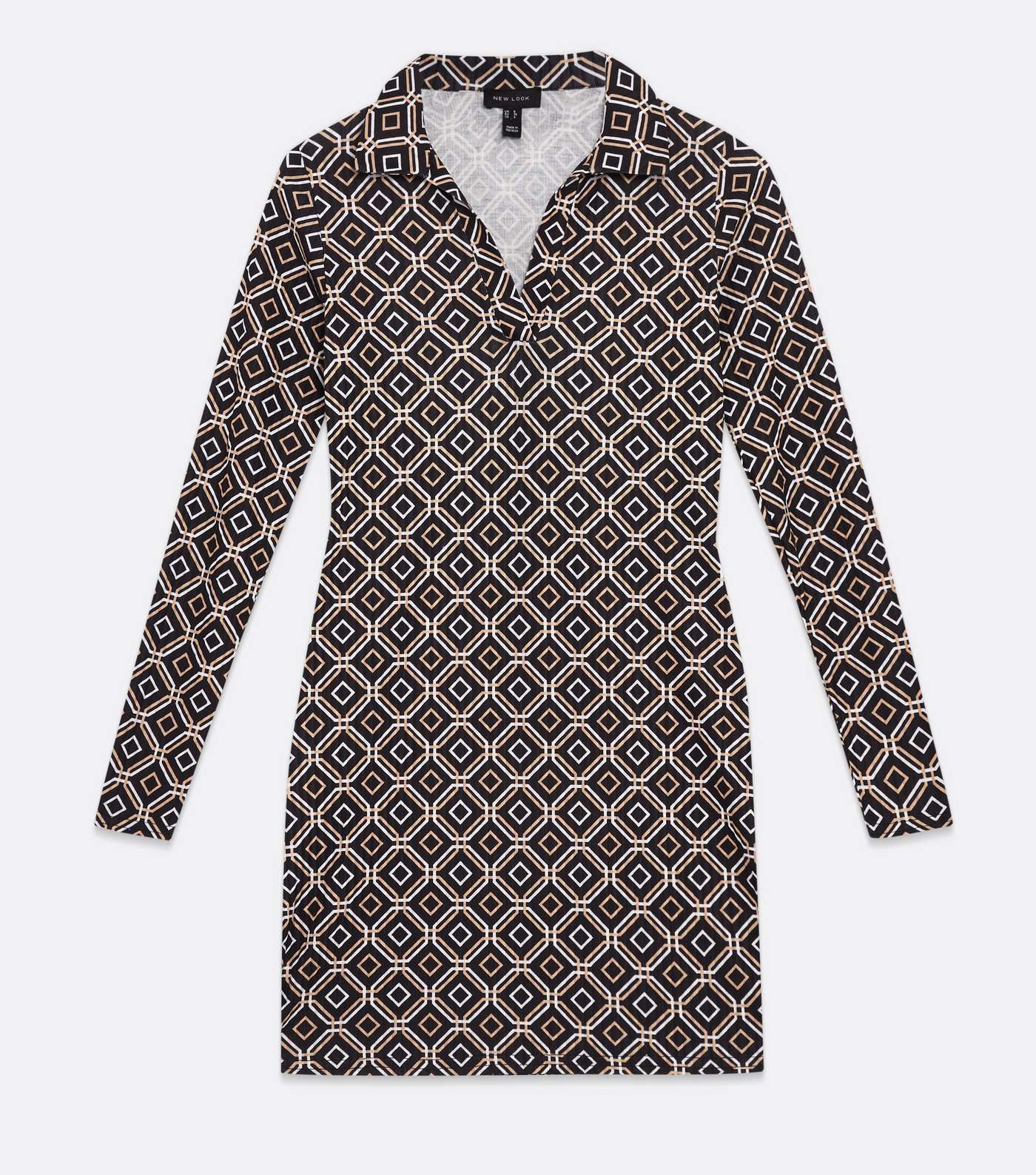Brown Geometric Long Sleeve Mini Polo Dress Image 5