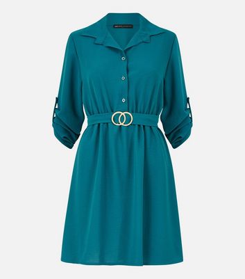 Mela Teal Belted Tie Back Mini Shirt Dress New Look