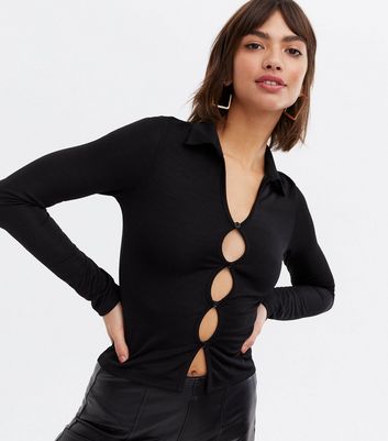 Click to view product details and reviews for Black Collared Cut Out Button Front Top New Look.