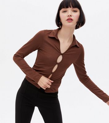 Light Brown Collared Cut Out Button Front Top | New Look