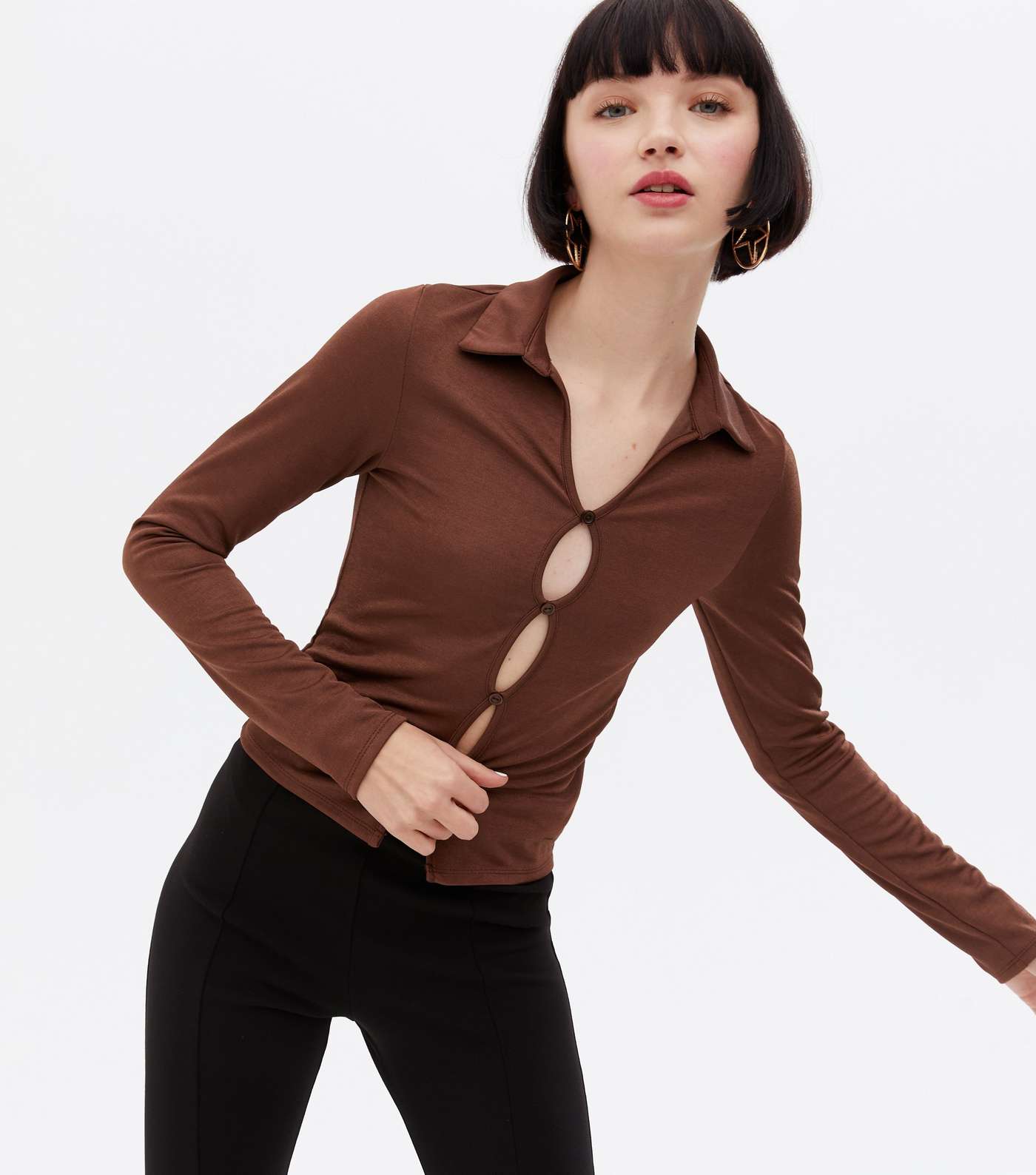 Light Brown Collared Cut Out Button Front Top