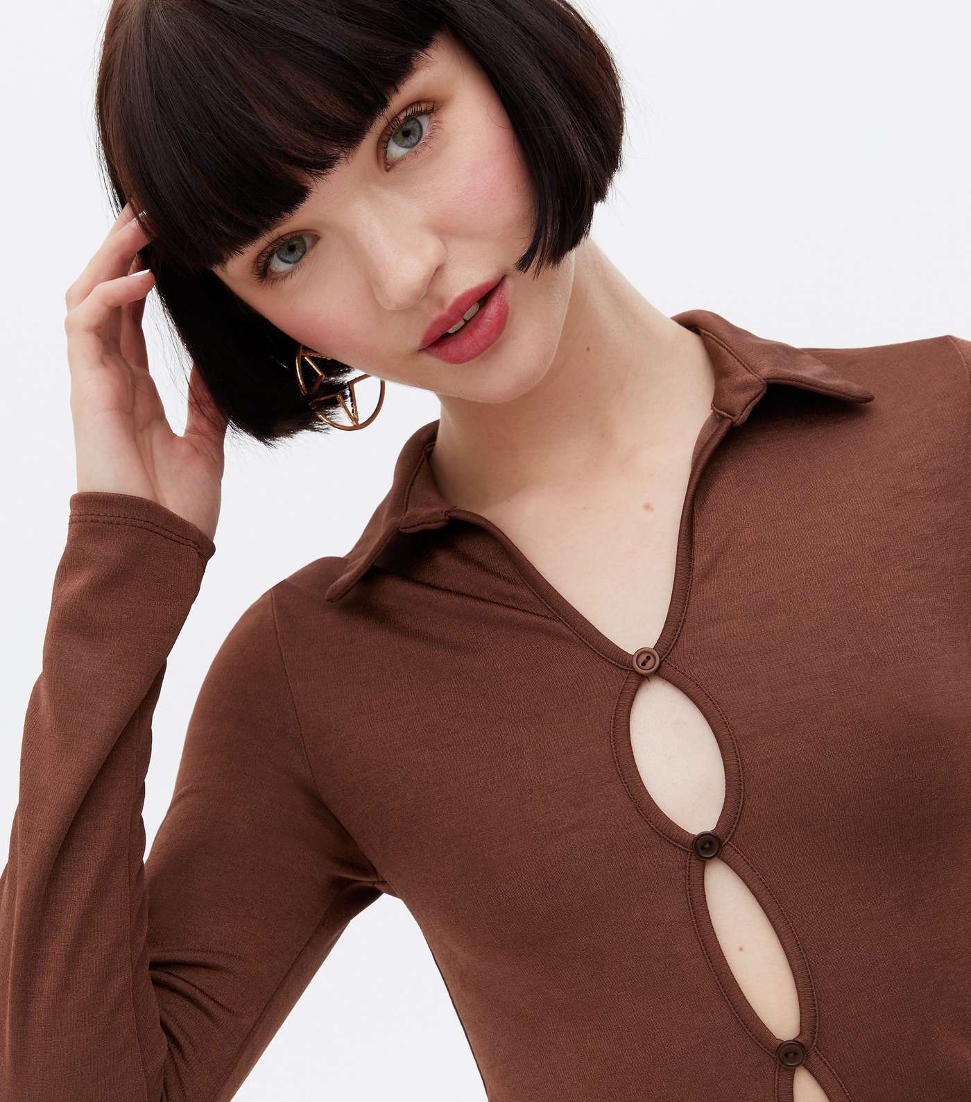 Light Brown Collared Cut Out Button Front Top Image 3