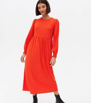Red Crinkle Crew Neck Long Sleeve Midi 