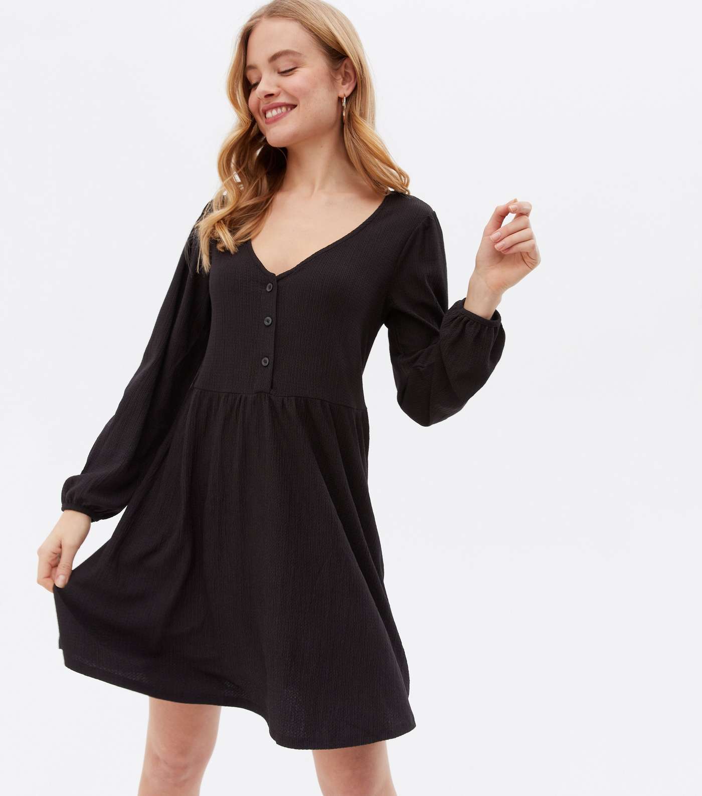 Black Crinkle Jersey Button Front Mini Dress