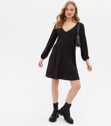 Black Crinkle Jersey Button Front Mini Dress New Look