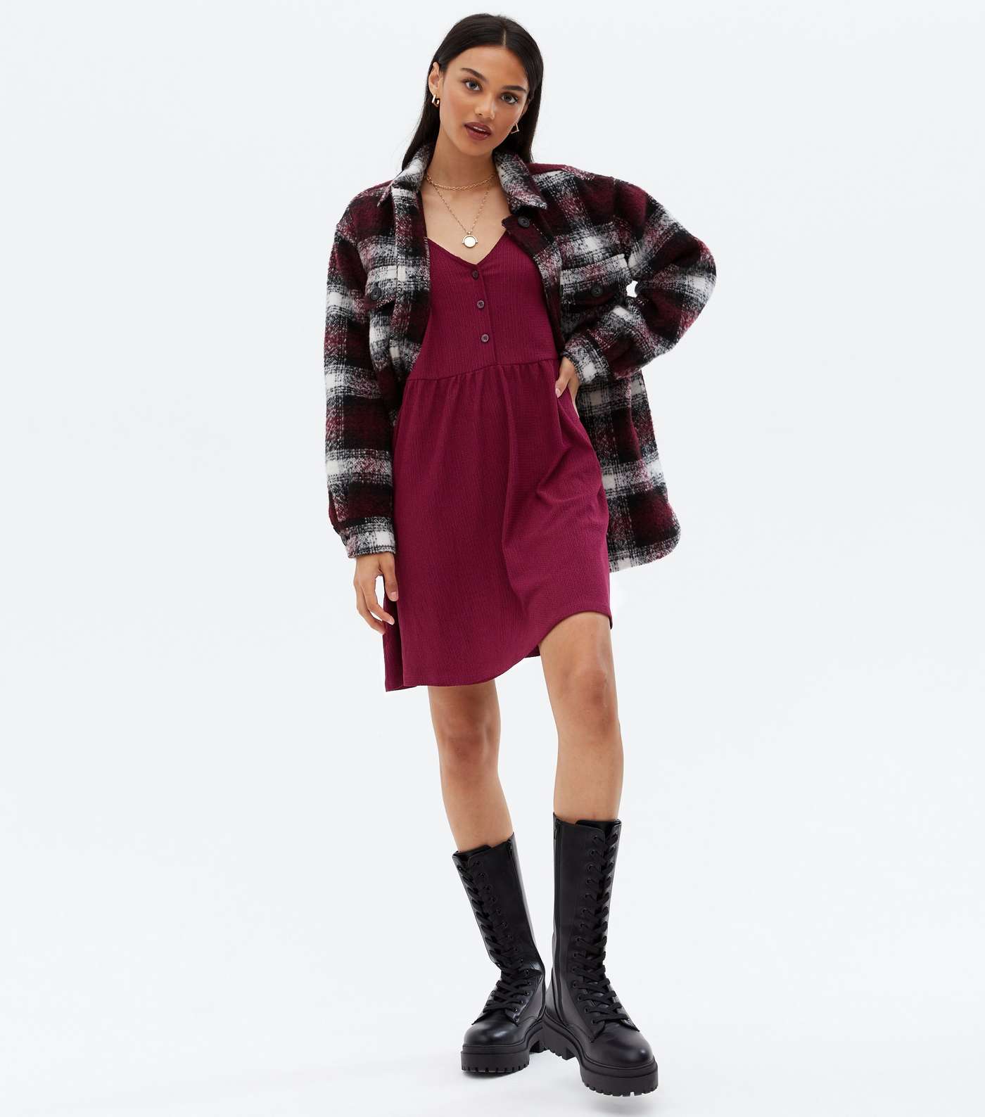 Burgundy Crinkle Jersey Button Front Mini Dress