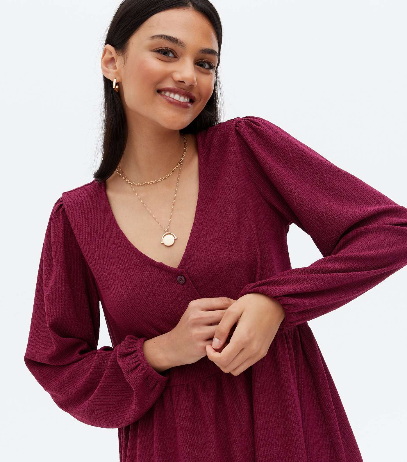 Burgundy Crinkle Jersey Button Front Mini Dress Image 3