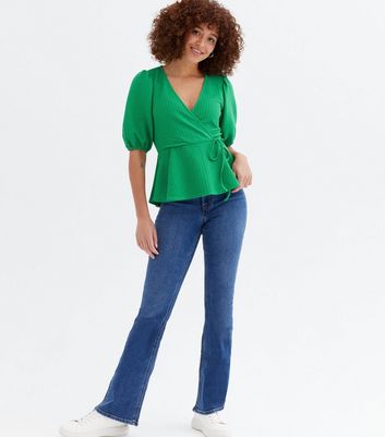 Green Textured Wrap Peplum Top New Look