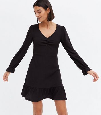 V Neck Ruched Frill Mini Dress 