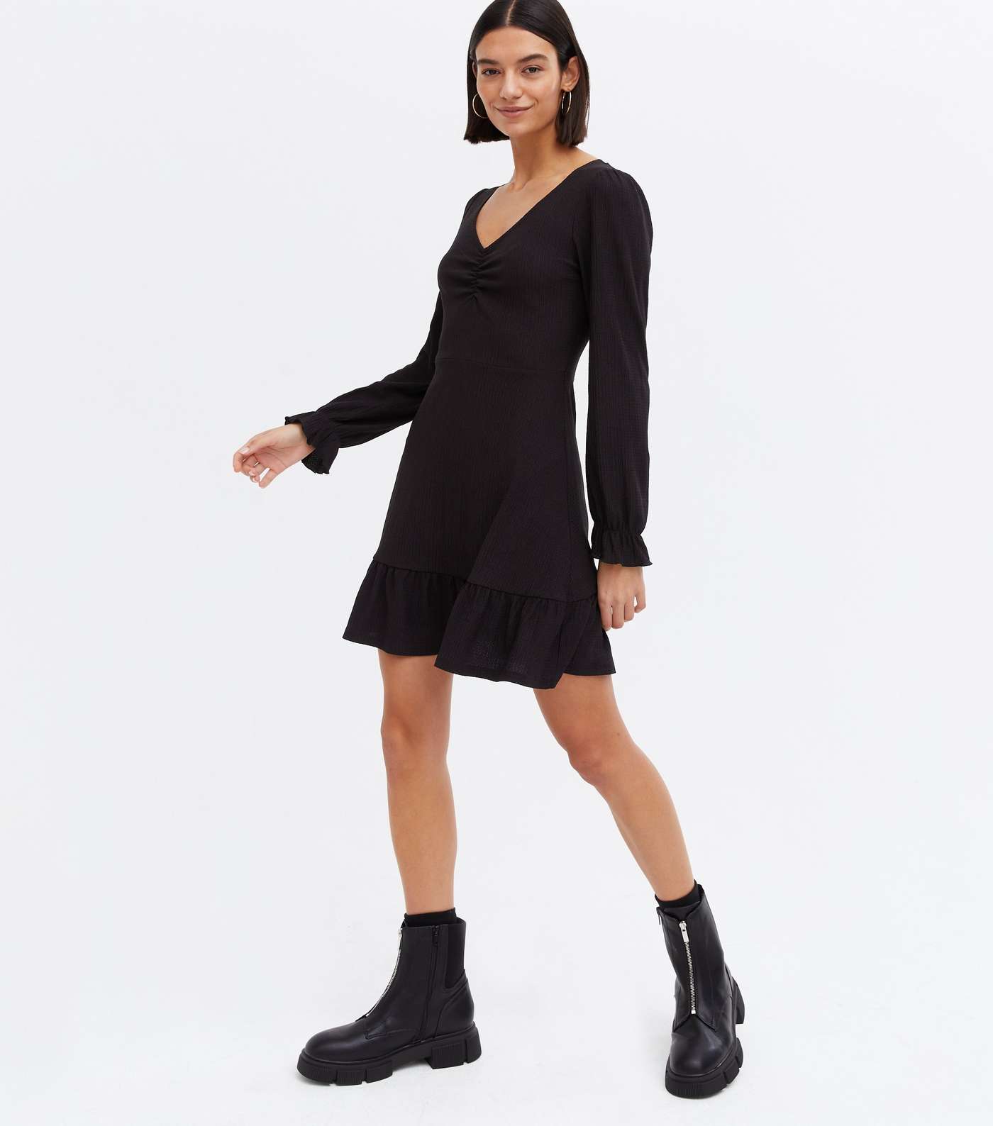 Black Crinkle Jersey V Neck Ruched Frill Mini Dress Image 2