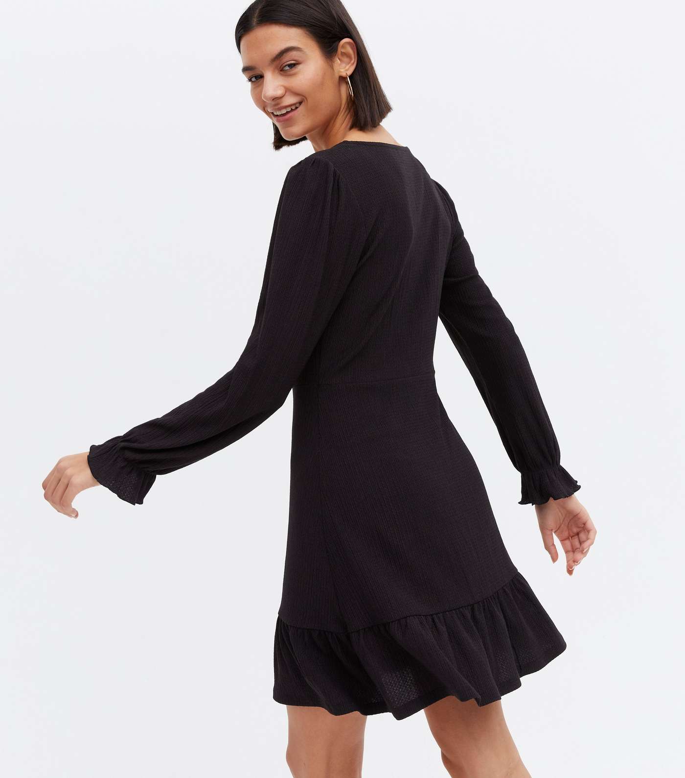 Black Crinkle Jersey V Neck Ruched Frill Mini Dress Image 4