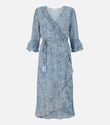 Yumi Blue Heart Ruffle Midi Wrap Dress New Look