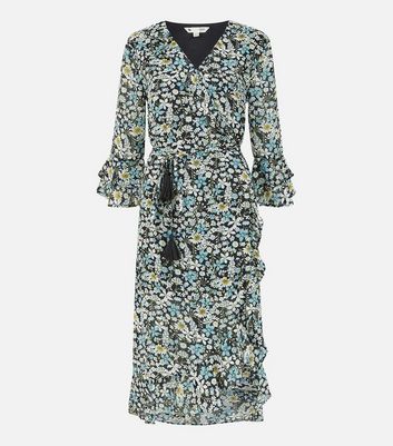 Yumi Blue Floral Ruffle Midi Wrap Dress New Look