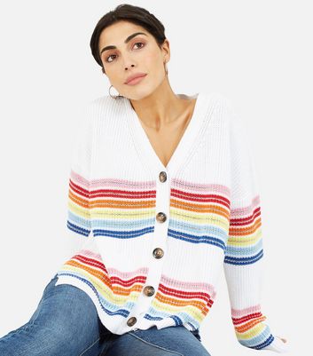 white sweater with rainbow stripe