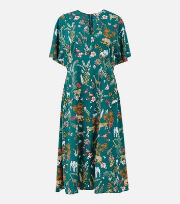 Yumi Green Animal Print V Neck Midi Dress New Look