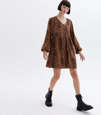 Brown Animal Print Button Mini Smock Dress New Look