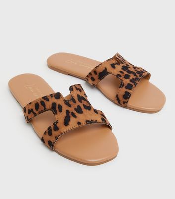 shop for Brown Leopard Print Suedette Cut Out Sliders New Look Vegan at Shopo