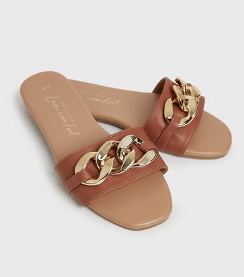 Click to view product details and reviews for Tan Chain Open Toe Sliders New Look Vegan.
