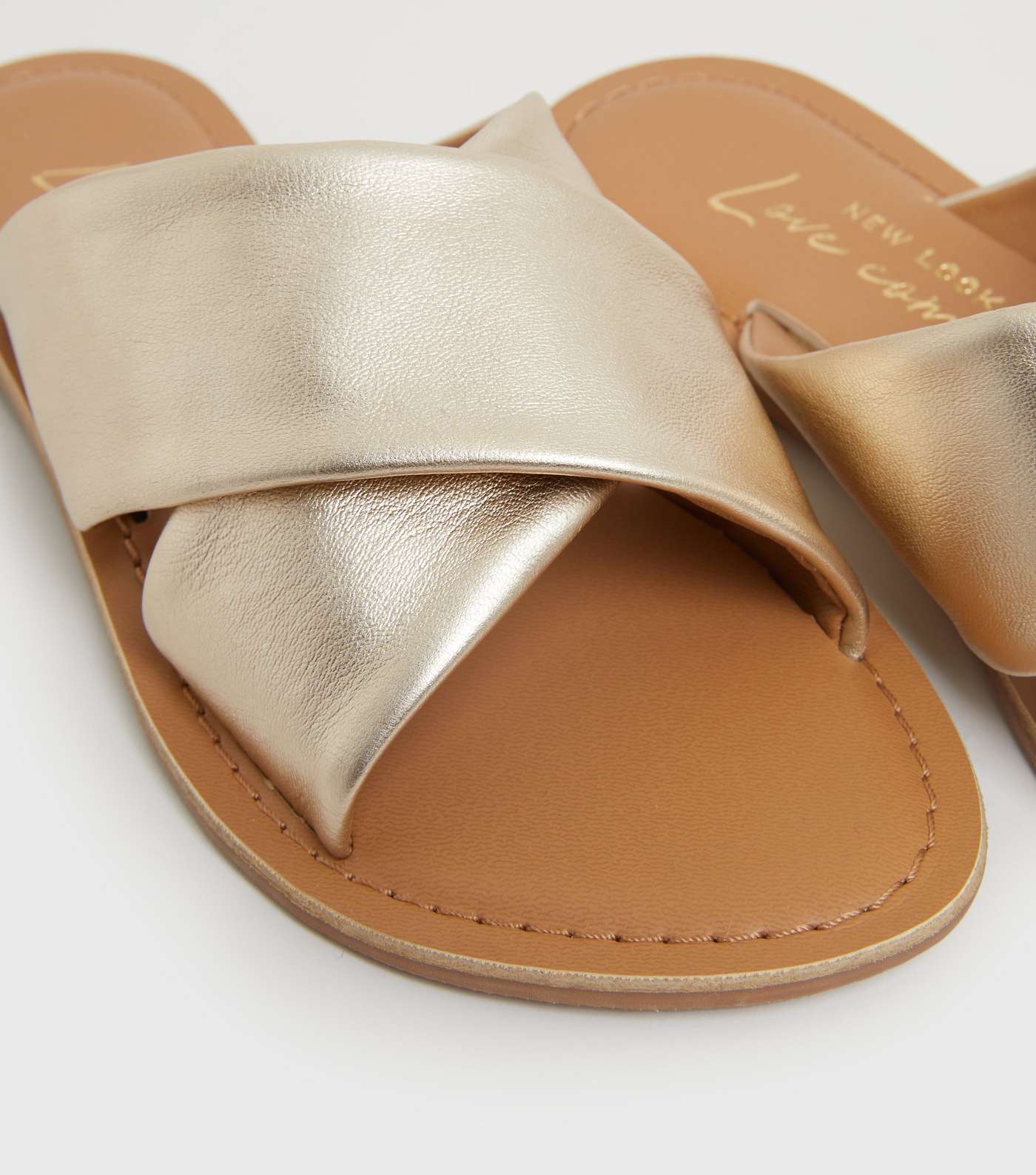 Gold Leather Cross Strap Sliders Image 4
