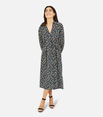 Yumi Black Ditsy Floral Long Sleeve Midi Shirt Dress | New Look