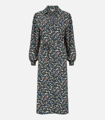 Yumi Black Ditsy Floral Long Sleeve Midi Shirt Dress New Look