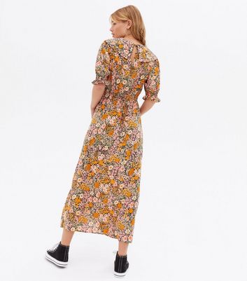 Orange Floral Frill Collar Midi Smock 