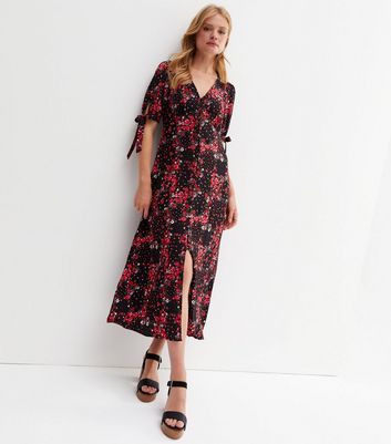 Black Floral V Neck Button Front Tie Sleeve Midi Dress