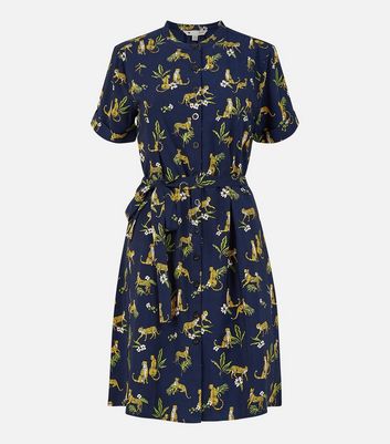 Yumi Navy Cheetah Belted Mini Shirt Dress New Look